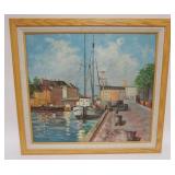 1114	OIL PAINTING ON CANVAS, HARBOR SCENE, ARTIST SIGNED, APPROXIMATELY 32 IN X 29 IN OVERALL