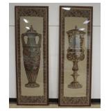 1121	2 LARGE FRAMED CLOTH TAPERSTRIES WITH IMAGES OF URNS, EACH APPROXIMATELY 29 IN X 88 IN OVERALL