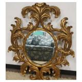 1122	LARGE CONTEMPORARY CARVED WOOD BEVELED EDGE MIRROR WITH GILT FINISH, MARKED ON BACK DAUPHONE HA