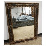 1123	FRAMED BEVELED EDGE MIRROR, FRAME PAINT DECORATED WITH CARVED IMAGES, GRAPES, LEAVES AND BIRDS,