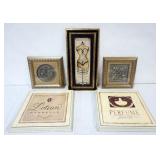 1129	GROUP OF ASSORTED FRAMED DECORATIVE WALL HANGINGS, LARGEST APPROXIMATELY 18 IN X 18 IN 