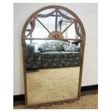 1144	HANGING MIRROR IN WOOD FRAME WITH SUNBURST DESIGN AT TOP, APPROXIMATELY 27 IN X 46 IN H