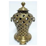 1152	DECORATIVE CRAFTS HAND CRAFTED IMPORTS COVERED RETICULATED BRASS URN, APPROXIMATELY 18 IN H