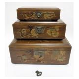 1157	NEST OF 3 ASIAN STYLE LAQUERED BOXES, LARGEST APPROXIMATELY 18 IN X 11 IN X 8 IN H