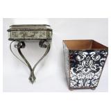 1158	DISTRESSED MIRRORED HANGING WALL SHELF AND WASTE BASKET, BASKET APPROXIMATELY 9 1/4 IN SQ X 12 