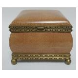 1159	CASTILIAN PORCELAIN AND METAL BANDED DRESSER BOX, APPROXIMATELY 8 IN SQ X 6 1/4 IN H
