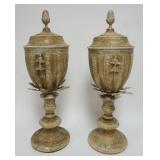 1160	PAIR OF ORNATE COMPOSITE AND METAL OAK LEAF DECORATIVE URNS, EACH APPROXIMATELY 23 IN H