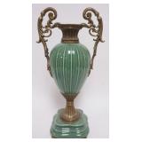 1162	CONTEMPORARY CELADON STYLE URN WITH CAST METAL FLAIRED TOP AND DOUBLE HANDLES, APPROXIMATELY 19