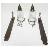 1164	PAIR OF BRASS WALL CANDLE SCONCES WITH GLASS HURRICANE SHADES, EACH APPROXIMATELY 21 IN H