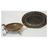 1170	LARGE CONTEMPORARY BRONZE FINISHED OVAL METAL PLANTER WITH HAND TOOLED DESIGN AND LARGE ROUND M