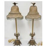 1177	PAIR OF ORNATE CAST METAL BESIDE LAMPS, EACH APPROXIMATELY 30 IN H