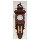 1195	WEIGHT DRIVEN GERMAN WALL CLOCK WITH IMAGE OF PRANCING HORSE ON CREST, HORSE SHOE DESIGN ON CLO
