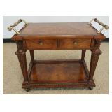 1199	ROLLING WOOD CART WITH BURL WOOD FINISHED TOP AND SIDES, CART HAS 2 SILVERWARE DRAWERS AND BRAS