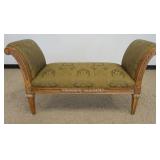 1202	UPHOLSTERED SCROLLED ARM WINDOW BENCH, APPROXIMATELY 60 IN X 22 IN X 33 IN H, SOME STAINING ON 