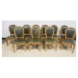 1227	SET OF 10 OAK SIDE CHAIRS WITH GREEN LEATHER SEATS AND BACKS WITH BRASS TACK ACCENTS, EACH APPR