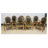 1228	SET OF 8 OAK SCROLLED ARM CHAIRS WITH GREEN LEATHER BOTTOMS AND BACKS, BRASS TACK ACCENTS, APPR