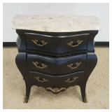 1234	MARBLE TOP BOMBE STYLE 3 DRAWER CHEST IN EBONIZED FINISH WITH APPLIED METAL MOUNTS, STRESS CRAC