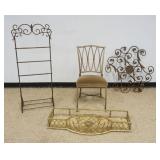 1238	GROUP OF METAL ACCESSORIES INCLUDING TOWEL RACK, SIDE CHAIR, HANGING SHELF AND DECORATED WALL H