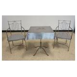 1242	MID CENTURY MODERN METAL TABLE WITH 2 CHAIRS, TABLE TOP DESIGN OF FOLDED LINEN TABLE CLOTH, TAB