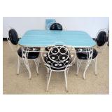 1256	VINTAGE WROUGHT IRON FORMICA TOP DINETTE SET, TABLE WITH LEAVE AND 4 CHAIRS, TABLE APPROXIMATEL