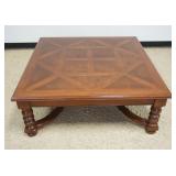 1267	MAHOGANY COCKTAIL TABLE W/TURNED LEGS & BURLWOOD & LATTICE PATTERN TOP, APPROXIMATELY 48 IN X 1