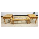 1280	HAMMARY PINE GLASS TOP COFFEE TABLE WITH 2 1 DRAWER LAMP TABLES, COFFEE TABLE APPROXIMATELY 51 