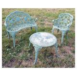 1295	3 PIECE CAST IRON GARDEN SET, BENCH, CHAIR AND TABLE WITH ROSES