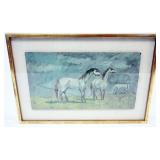 1006	OIL PAINTING ON BOARD, IMAGE OF HORSES, FRAMED UNDER GLASS, APPROXIMATELY 22 IN X 18 IN OVERALL