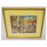 1032	ABSTRACT PRINT, FRAMED AND MATTED IMAGE OF STREET SCENE, MARKED ON BACK LAY COX SCENES, APPROXI