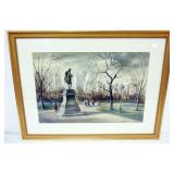 1044	SANDFORD ROSA SIGNED WATERCOLOR, IMAGE OF PARK IN CITY, MATTED UNDER GLASS, APPROXIMATELY 29 IN