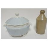 1128	IRONSTONE COVERED TUREEN AND STONEWARE BEER BOTTLE