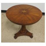 1222	MAHOGANY ROUND LAMP TABLE WITH SPIRAL TURNED COLUMN CENTER, PAW FEET AND STAR INLAID TOP, APPRO