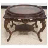 1241	CARVED WALNUT SERVING TABLE WITH INLAID TOP AND REMOVABLE SERVING TRAY, APPROXIMATELY 25 IN X 1