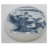1029	CHINESE BLUE & WHITE PORCELAIN COVERED BOX, APPROXIMATELY 3 1/2 IN X 1 1/2 IN