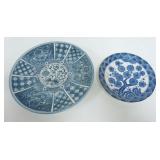 1058	2 JAPANESE BLUE & WHITE PORCELAIN TRANSFER PLATES, LARGEST APPROXIMATELY 10 3/4 IN