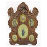 1063	ASIAN WOOD CARVED FRET WORK PANEL W/CARVED STONE IMAGES, APPROXIMATELY 12 IN X 18 IN HIGH