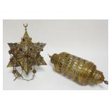 1072	JEWELED BRASS MORROCAN STAR HANGING LANTERN & HANGING BRASS CYLINDER LAMP, TOP STAR NEEDS TO BE