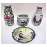 1077	GROUP OF CONTEMPORARY CHINESE VASES, KOI FISH PLANTER & PLATE, TALLEST PIECE APPROXIMATELY 10 I