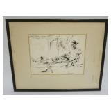 1112	ARTIST SIGNED INK DRAWING OF WOUNDED MAN LYING IN A COT WITH A WOMAN SITTING NEAR, APPROXIMATEL