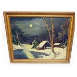 1125	OIL PAINTING ON BOARD, WINTER SCENE OF CABIN ALONG STREAM ON MOONLIT NIGHT, H.S. CRONK, 1937, A