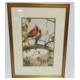 1128	FRAMED AND MATTED PRINT OF CARDINALS ON A BRANCH, ARTIST SIGNED, ARTIST PROOF 45/98, APPROXIMAT