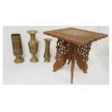 1147	GROUP OF ASIAN BRASS VASES AND INLAID FOLDING STAND, STAND APPROXIMATELY 14 IN X 14 IN X 15 IN 