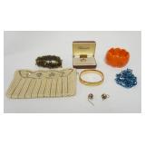 1170	ASSORTED WOMENS JEWELRY INCLUDING 14 K GOLD OVERLAY PIN, BEADED BAG, EARRING AND BRACELETS