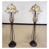 1188	PAIR OF CONTEMPORARY ART GLASS FLOOR LAMP WITH TIFFANY STYE ART GLASS SHADES AND CENTER COLUMNS