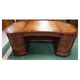 1208	HOOKER KIDNEY SHAPED 9 DRAWER, 2 FILE SIZE DESK W/INSET LEATHER TOP & SHELF ON REVERSE, APPROXI