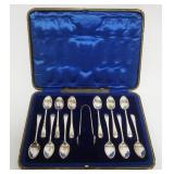 1014	SILVER HALLMARKED SPOON, TONG, CASED SET