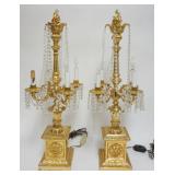 1033	METAL GILT FINSHED CANDELABRAS, EACH APPROXIMATELY 33  IN H, SOME LOSS TO PRISMS