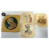 1053	GROUP OF 4 ANTIQUE SILKS, 3 HAVING HAND PAINTED IMAGES OF COUPLE BELTING A NEWSPAPER, LARGES AP