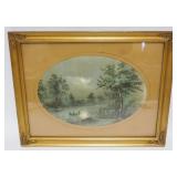 1069	ANTIQUE FRAMED AND MATTED PRINT, CABIN WITH PEOPLE ROWING BOAT IN POND ON MOON LIT NIGHT, APPRO