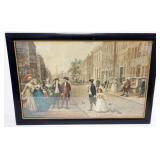 1074	FRAMED ANTIQUE PRINT COLONIAL STREET SCENE, APPROXIMATELY 21 IN X 31 IN OVERALL